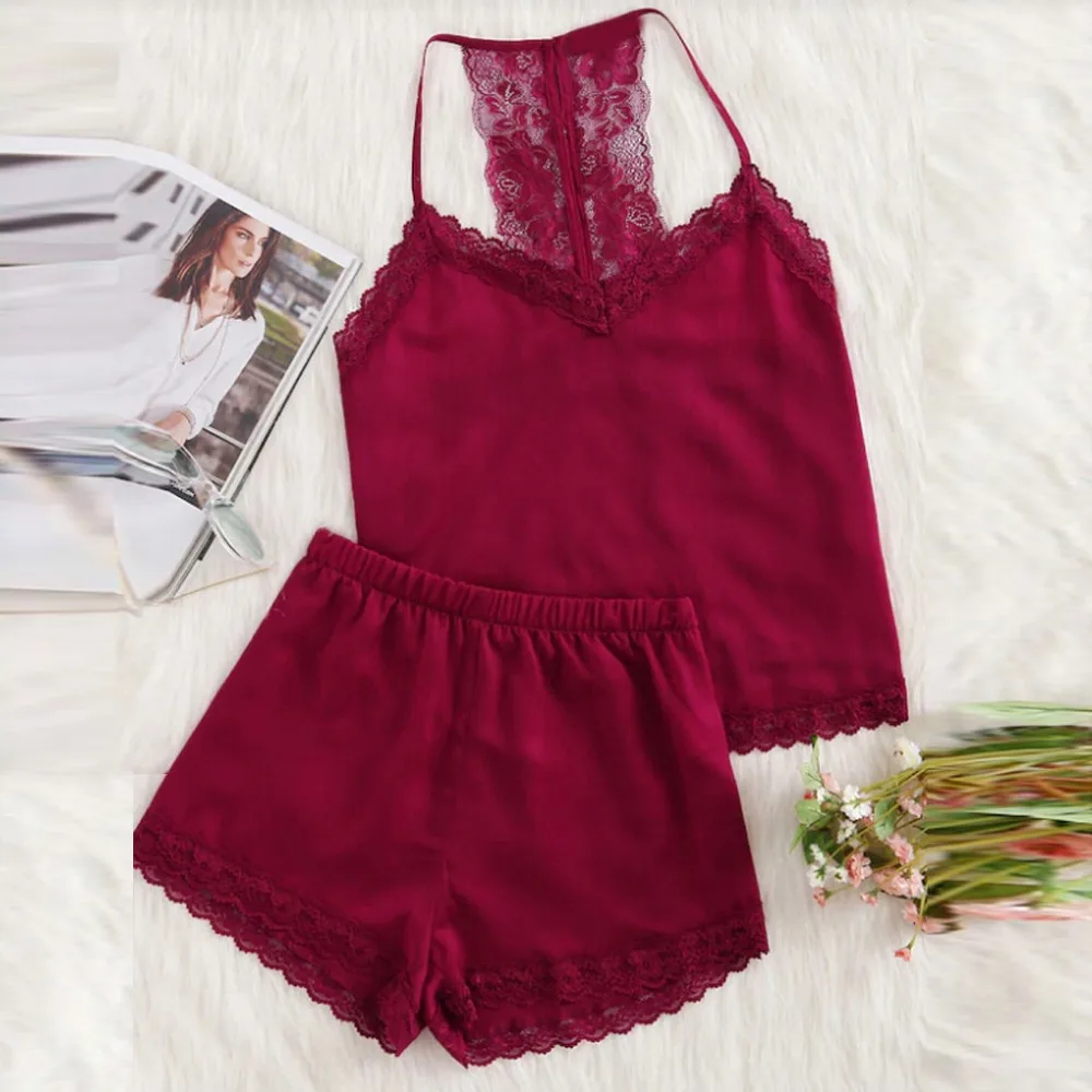 

Women Sexy Pajamas Lace Silk Satin Pajamas Sret 2019 Summer New Style Lingerie Women Spaghetti Strap Sleeveless Nightwear