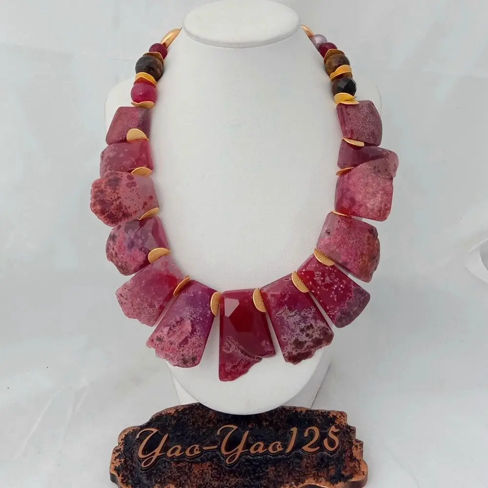 

Women's 21" Red Green Blue Top-drilled Fancy Polished Raw Drusy Slice Stone Necklace