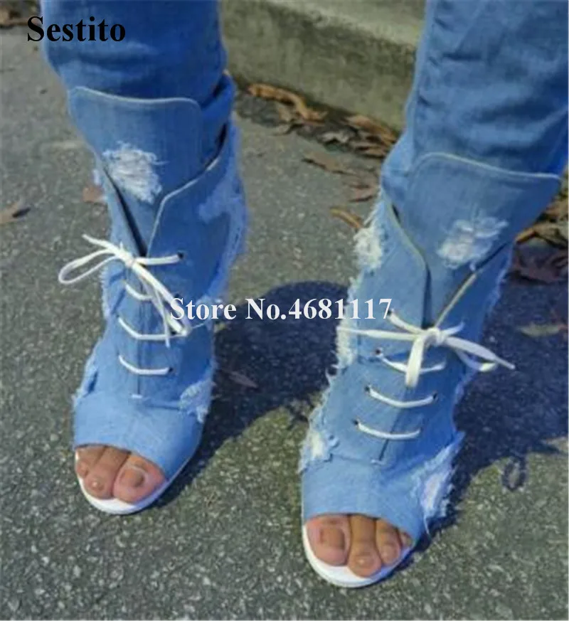 Nieuwe Mode Vrouwen Peep Toe Naaldhak Denim Korte Gladiator Laarzen Cut-out Lace-up Blauw Jean Hoge hak Enkellaarsjes Nieuwe Mode Vrouwen Peep Toe Naaldhak Denim Korte Gladiator Laarzen Cut-out Lace-up Blauw Jean Hoge hak Enkellaarsjes