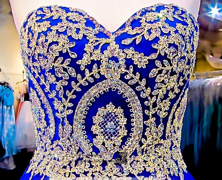 Quality Modest Royal Blue Gold Lace Cheap Quinceanera Dresses Ball Gown Plu...