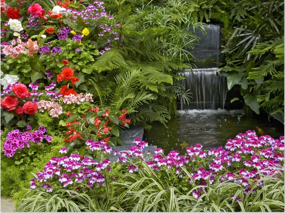 

7x5FT Green Garden Flowers Waterfall Fall Pool Custom Photo Studio Backdrop Background Vinyl 220cm x 150cm