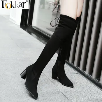 

Eokkar 2020 Winter Boots Women Over The Knee High Boots Warm Inside Square High Heel Pateht Leather Flock Lady Boots Size 34-43