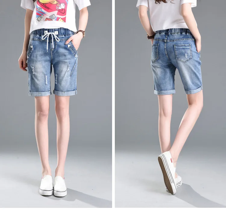Джинсовые шорты с высокой талией для женщин, корейские женские шорты с эластичной талией с карманами, тонкие, большие размеры, прямые джинсовые шорты стрейч