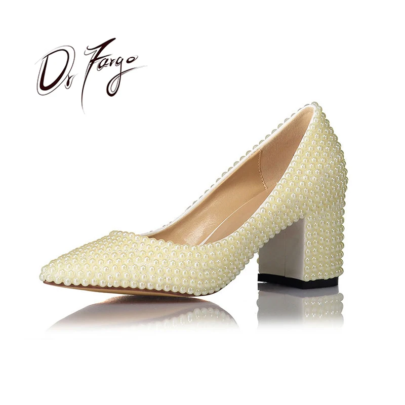De Drfargo 41 Apricot Élégante Chunky 20170636 Mariage Hauts Talons Pointu Perle Pompes À Bout Femelle Chaussures Mariée Femmes Dame Taille wfFxrqfXB