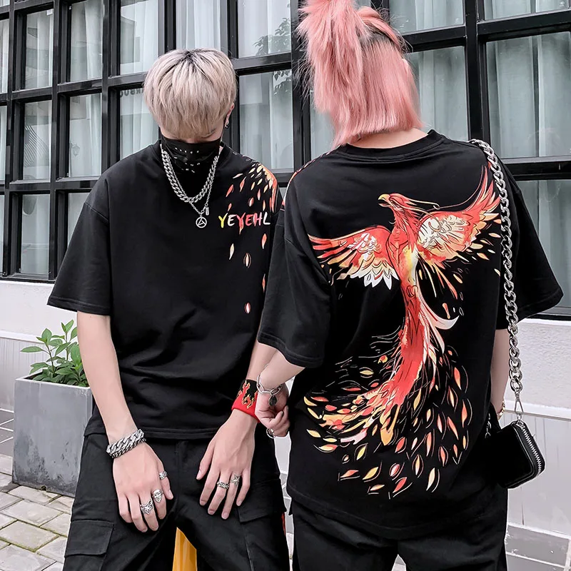 

2019 Men's Short Sleeve T-Shirt Hip Hop Harajuku Phoenix Flame Fashion Tee Women's Swag Novelty Chinese Style Band Top