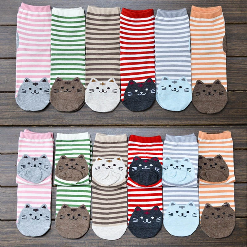 

Hot 1 Pair Women 3D Cartoon Animals Striped Socks Cat style Lovely Cotton Socks Cotton Ankle Casual Socks