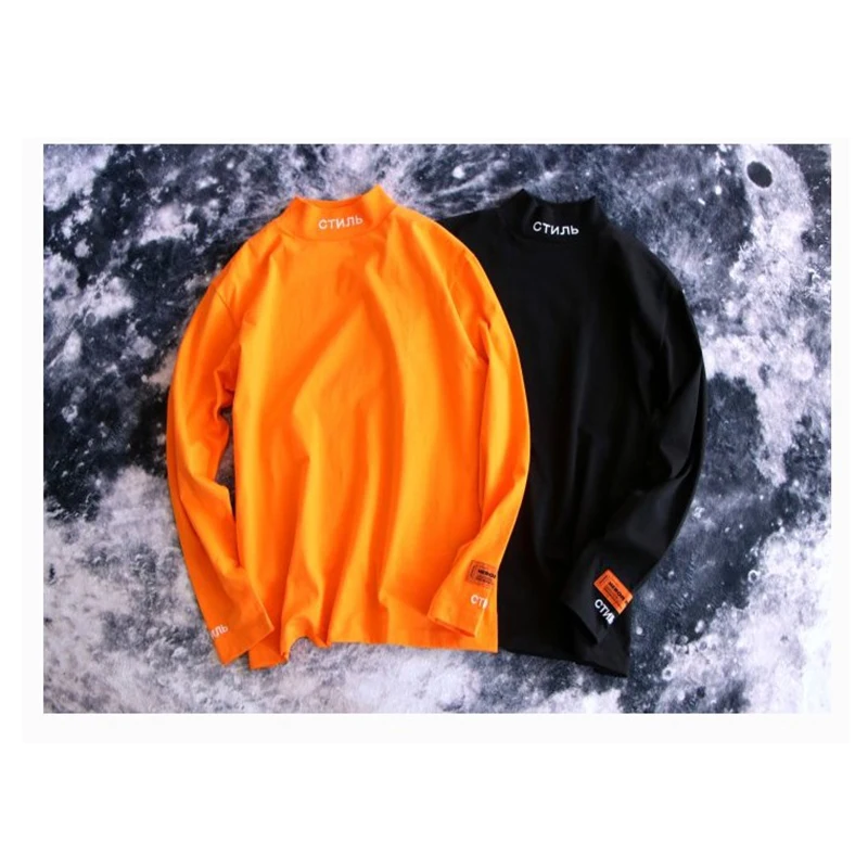 

18SS Heron Preston Men T-Shirt CTNNB Letter Embroidery Turtleneck Black Orange Collar Cotton Long Sleeves HP Hip Hop Tees