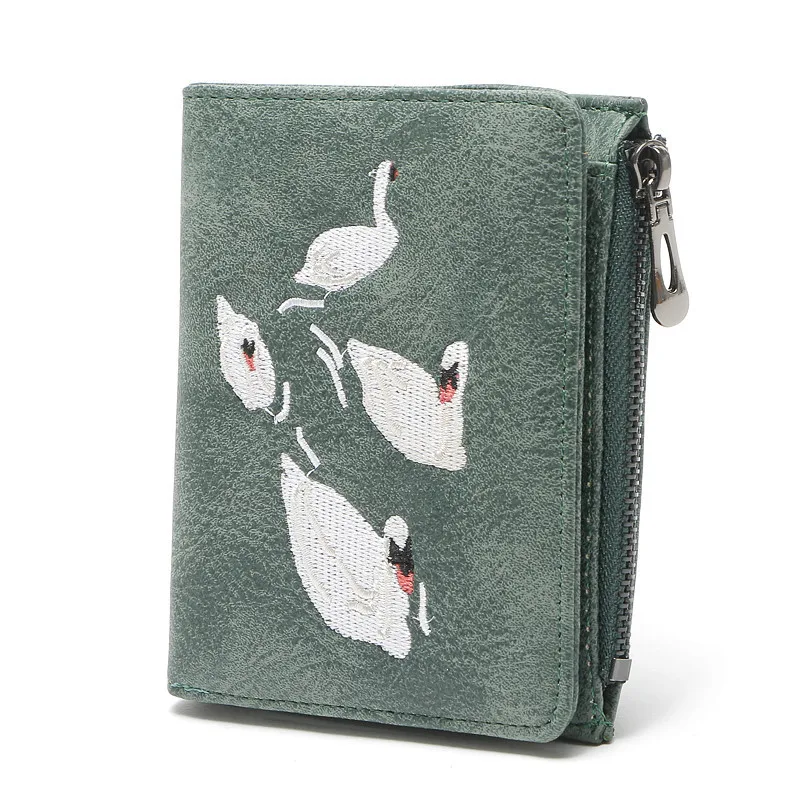 

BARHEE Embroidery Swan Small Women Wallets Leather Pouch Lady's Purse bolso mujer bolsas feminina Coin Short Wallet Card Holder