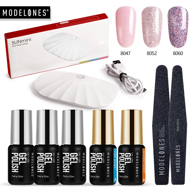 

Modelones Mini Led Lamp 5Pcs Nail Gel Manicure Kits Soak Off UV Pure Colors Gel Lacquer 6W Lamp Dryer Base Top Coat Varnish Set