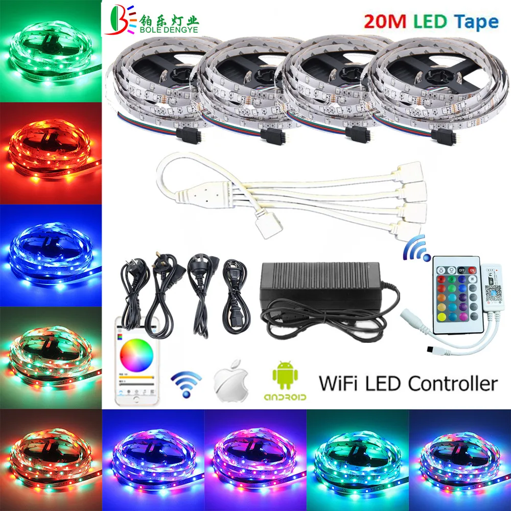 5 м 10 м 12 V гибкий светодиодный полосы света SMD 2835 15 м/20 м RGB Светодиодные ленты+ Wi-Fi светодиодный контроллер+ ЕС переходник светодиодный свет украшения