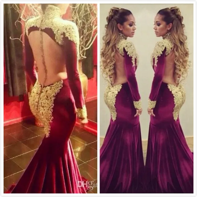 Vestido Sexy Burgundy Backless Lace Beaded High Neck Winter Mermaid Evening Prom Dresses With Long Sleeve