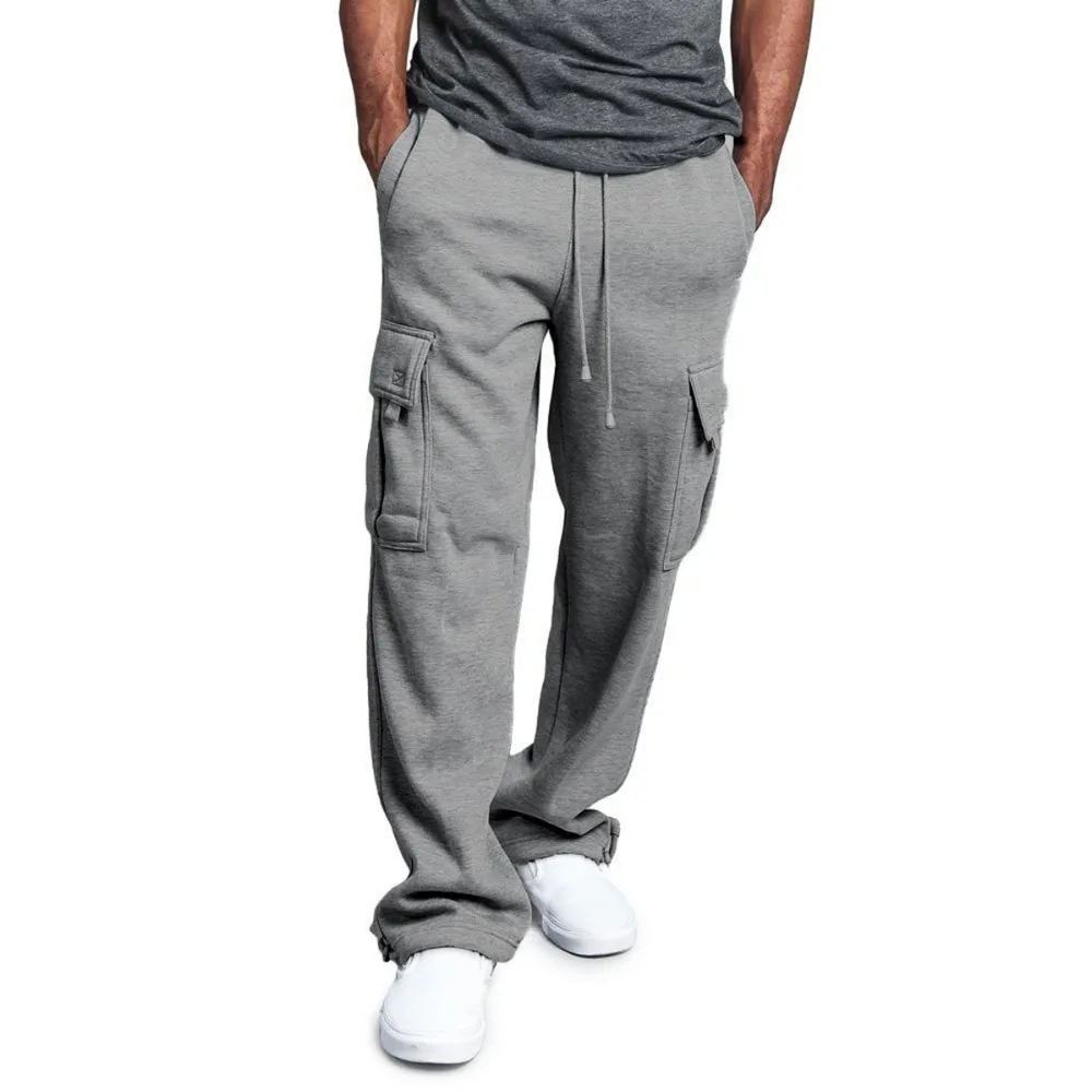 

Spring Autumn Men Solid Color Active Running Casual Pocket Drawstring Mid-Waist Pants Men Hip Hop Loose Fit Long Sweatpants