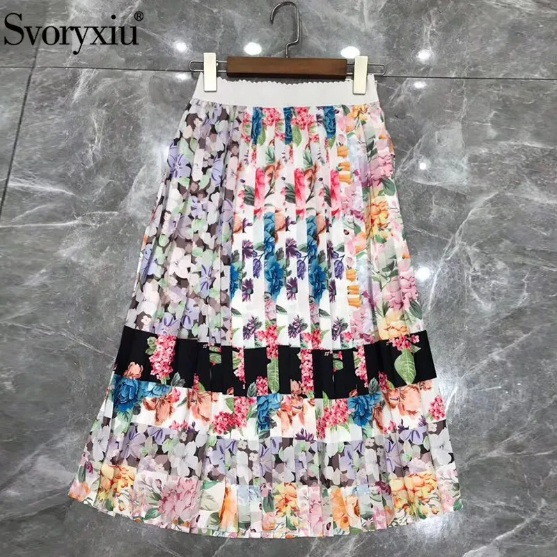 

Svoryxiu 2019 New Summer Designer Pleated Skirt Women Elegant Color Matching Flower Print Casual Mid-Calf Skirt