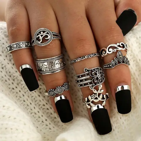 9pcs/set Boho Midi Finger Rings Set for Women Punk Elephant Flower Hollow Out Sliver Knuckle Rings Jewelry Gift 4618