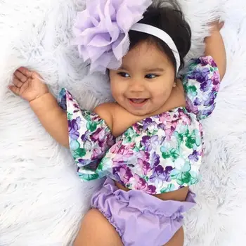 

Fancy New Baby Infant Girl Floral Outfit Purple Floral Of Shoulder Tank Tops High Waist Solid Shorts Headband Clothes Summer Hot