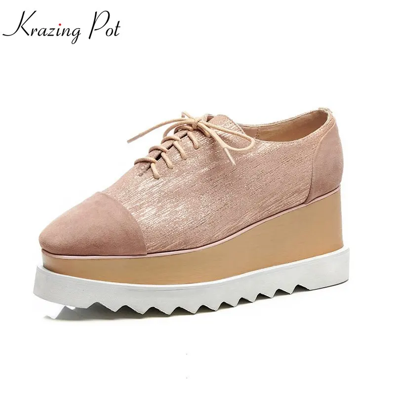 

Krazing Pot 2019 new cow suede shoes women square toe women pumps wedge fashion high lace up thick bottom increased shoes L13
