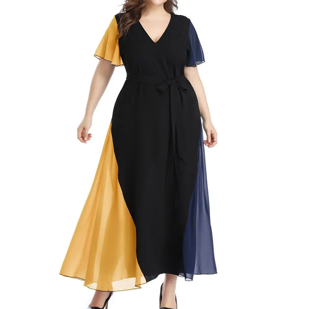 

Fashion Women Sexy Plus V-Neck Stripe Short Sleeve Plus Size A-Line Dress Tie Waist Dress 2019