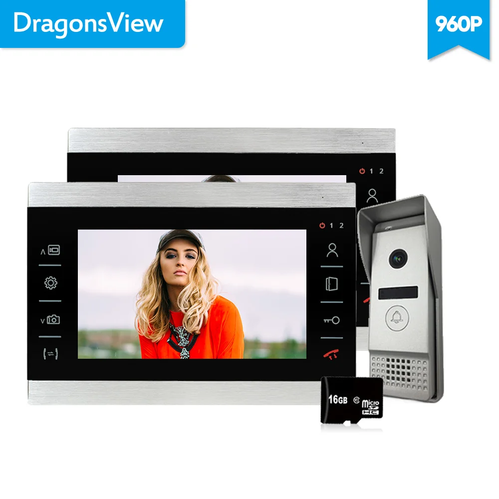 Dragonsview 7 дюймовый ЖК видеодомофон 960P AHD кольцо видео дверной звонок 2 монитора 1