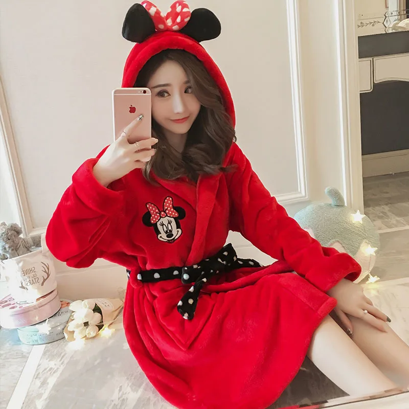 

Winter Bathrobe Women Pajamas Bath Flannel Warm Robe Sleepwear Womens Robes Coral Velvet Cartoon Lovely Nightgowns Homewear