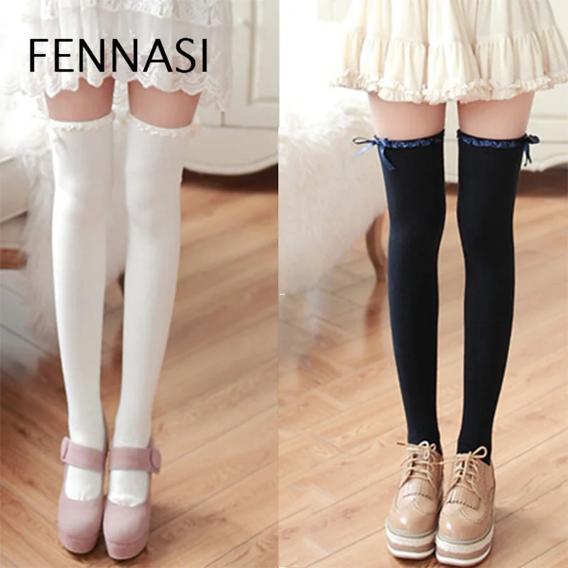 

FENNASI White Cotton Knee High Sexy Stockings Woman Senior Cute Warm School Stockings Bow Fashionable Anime Kawaii Stockings