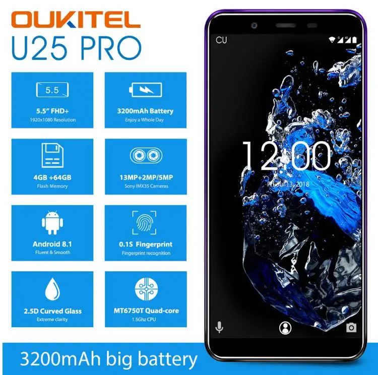 OUKITEL U25 Pro 5.5" FHD 4G SmartPhone MT6750T Octa Core 4GB RAM 64GB Android 8.1 13MP Dual Camera GPS Fingerprint Mobile Phone