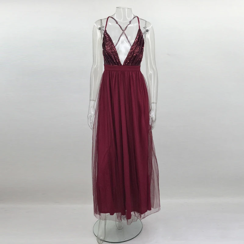 Сексуальное длинное женское платье с v-образным вырезом и открытой спиной, длинное Сетчатое платье макси, винтажное вечернее платье в пол с блестками vestidos - Цвет: Красный