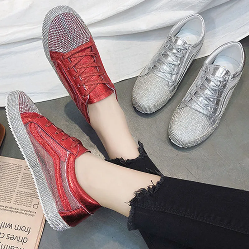 

2018 Spring Fashion Lady Shine Shoes Women Sneaker Rhinestone Silver Girl Crystal Bling Cross-tied Lace Up Glitter