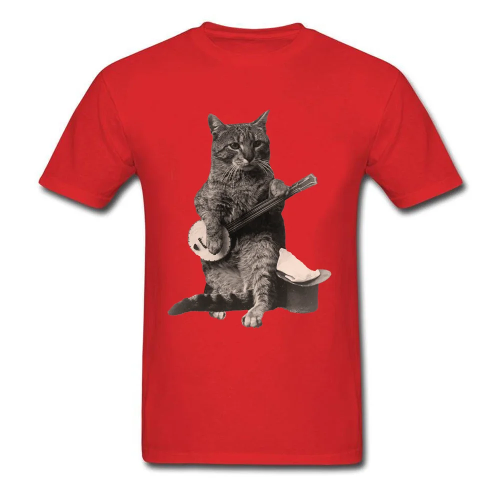 Cat Playing Banjo Guitar ostern Day Pure Cotton O-Neck Tops & Tees Short Sleeve Custom Tee Shirts Coupons Normal T Shirts Cat Playing Banjo Guitar red