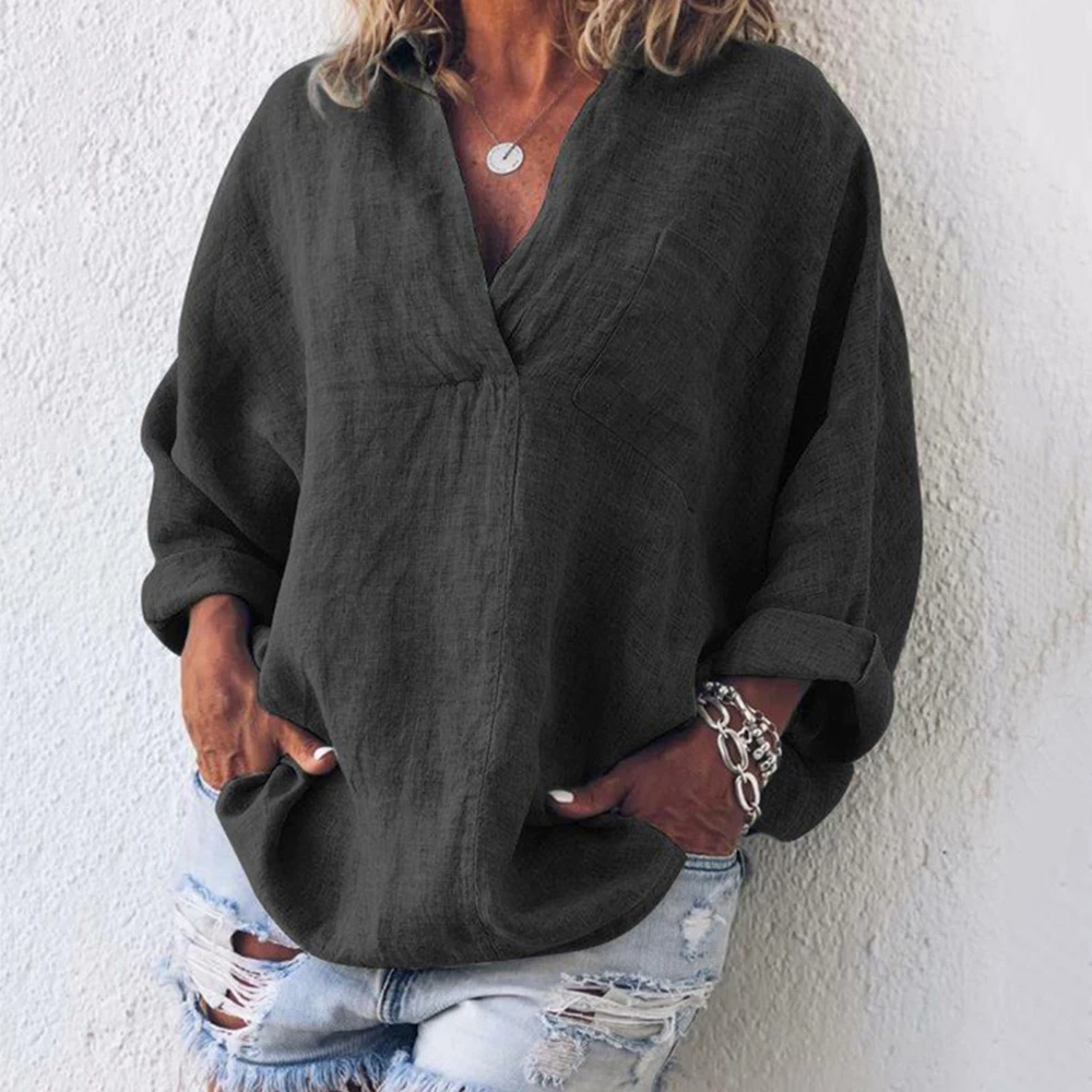 Summer Plus Size Tunic Women Cotton Linen Blouse 3XL Plus Size Female Shirt Solid V-Neck Long Sleeve Womens Tops and Blouses