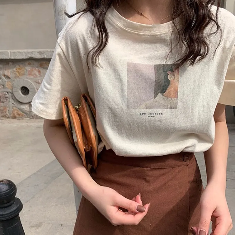 

2019 Harajuku Bf Style Character Print Women Beige T-Shirt Short Sleeve Harajuku White T-Shirt Tops