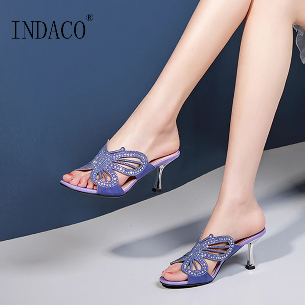 

New Design Summer Slides Women Suede Hollow Butterfly Rhinestone Thin Heel Slippers Sexy Party Shoes