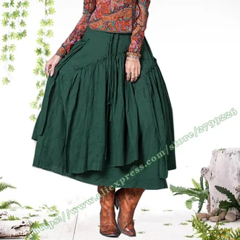 

2019 Spring and Autumn Green Cotton Linen Fashion Casual Vintage Retro Pleated Female Plissee Female Skirt Long Skirts Womens