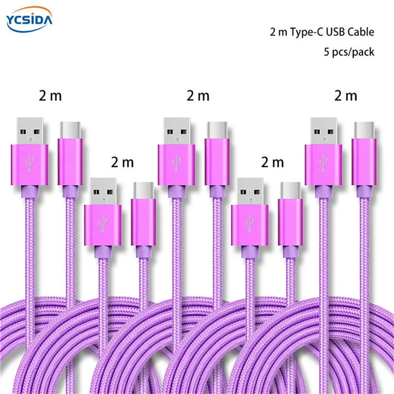 Тип usb-C 2 м 5 шт./упак. 5 V 2.4A для передачи данных в нейлоновой Зарядное устройство кабель для samsung S10/LG G6/huawei mate 20/xiao Mi 8/OPPO R17/vivo NEX кабель