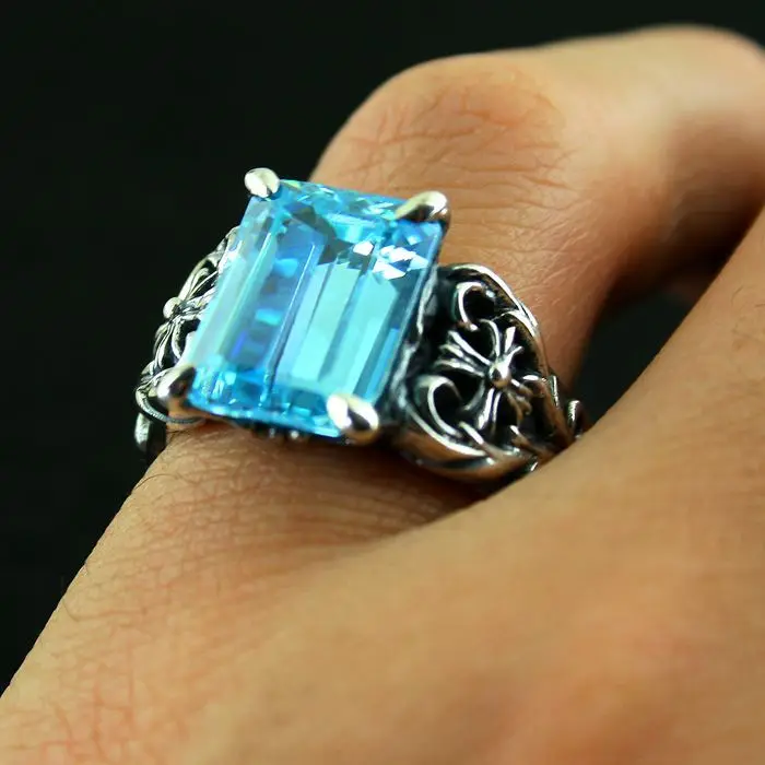 

Justin davis 925 pure silver ring blue square drill thai silver male female vintage ring