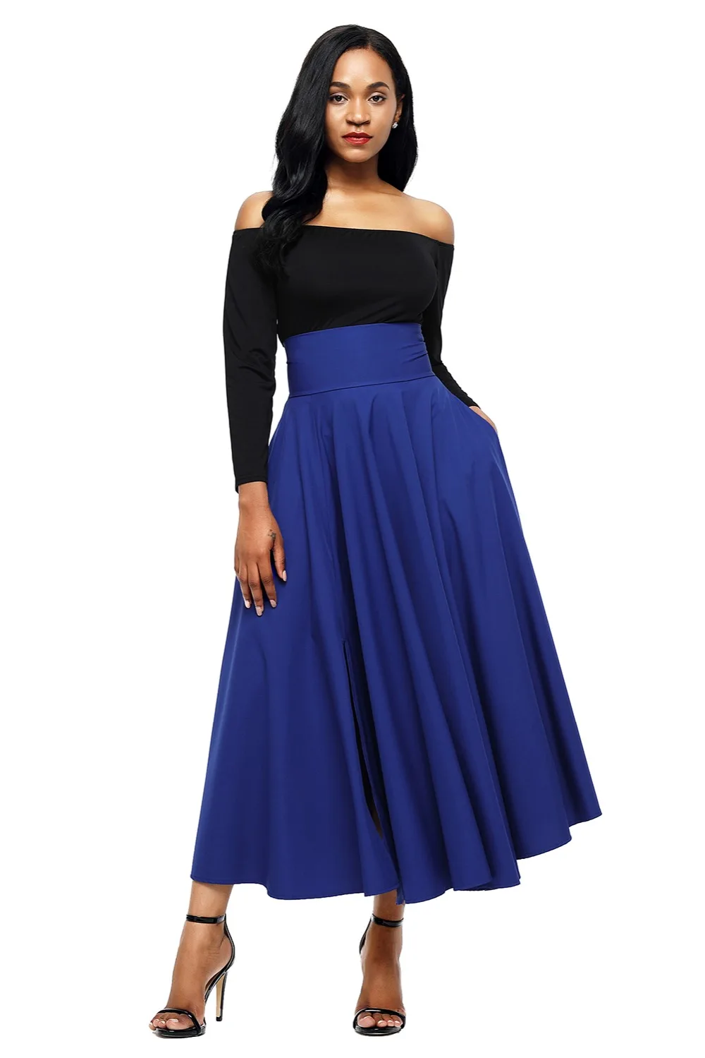 Blue-Retro-High-Waist-Pleated-Belted-Maxi-Skirt-LC65053-5-1