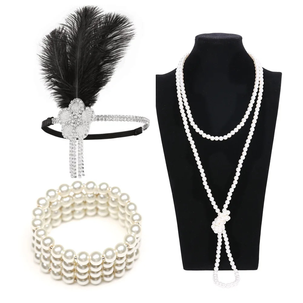 1920s Charleston вечерние украшения для девочек, стразы, повязка на голову, жемчужное ожерелье, браслет, держатель для сигарет, набор аксессуаров Great Gatsby