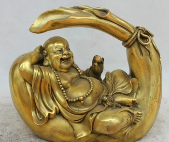 

USPS to USA S2003 9" Chinese Buddhism Brass Wealth moneybag Happy Laugh Maitreya Buddha Statue (B0328)