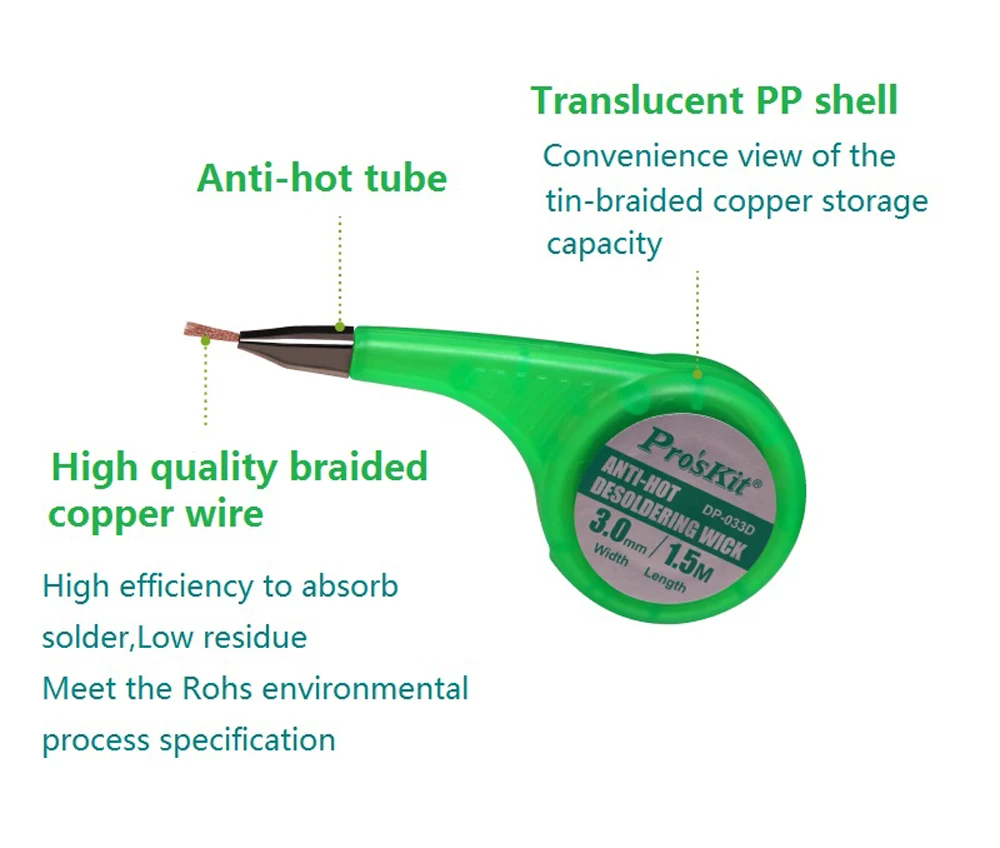 DP-033A/B/C/D/E 1Pcs Pro'sKit  New Anti-Hot Desoldering Wick BGA Solder Wick Copper Wire Braid Solder Remover 1.5mm - 3.5mm