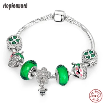 

STEP FORWARD 100% 925 Sterling Silver Cute Bee Green Strawberry Clover Charms Bracelet & Bangle for Women Silver Jewelry WLB029