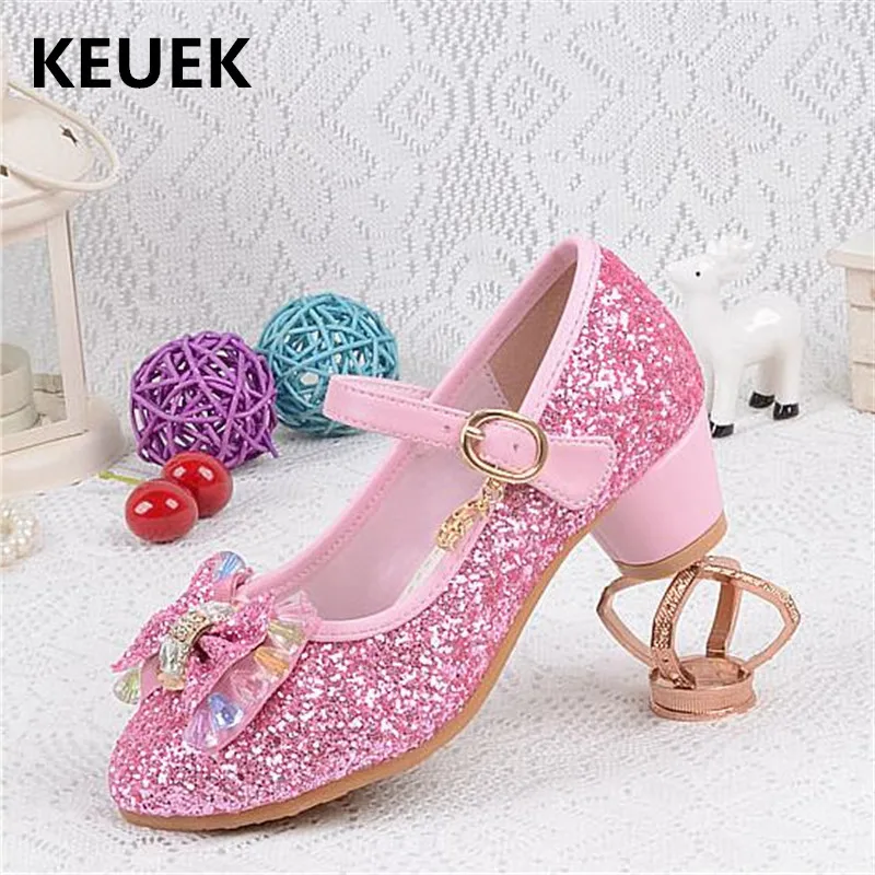 

New Children High-heeled Shoes Girls Princess Crystal shoes Baby Student Performance Dress Leather Shoes Kids Toddler 02C