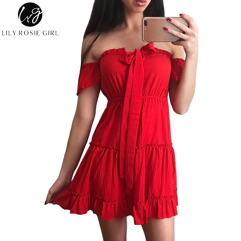 

Conmoto Girl Sexy Red Lace Up Off Shoulder Short Sleeve Women Mini Dress Summer Beach Backless Vestidos 2018 Party Dresses