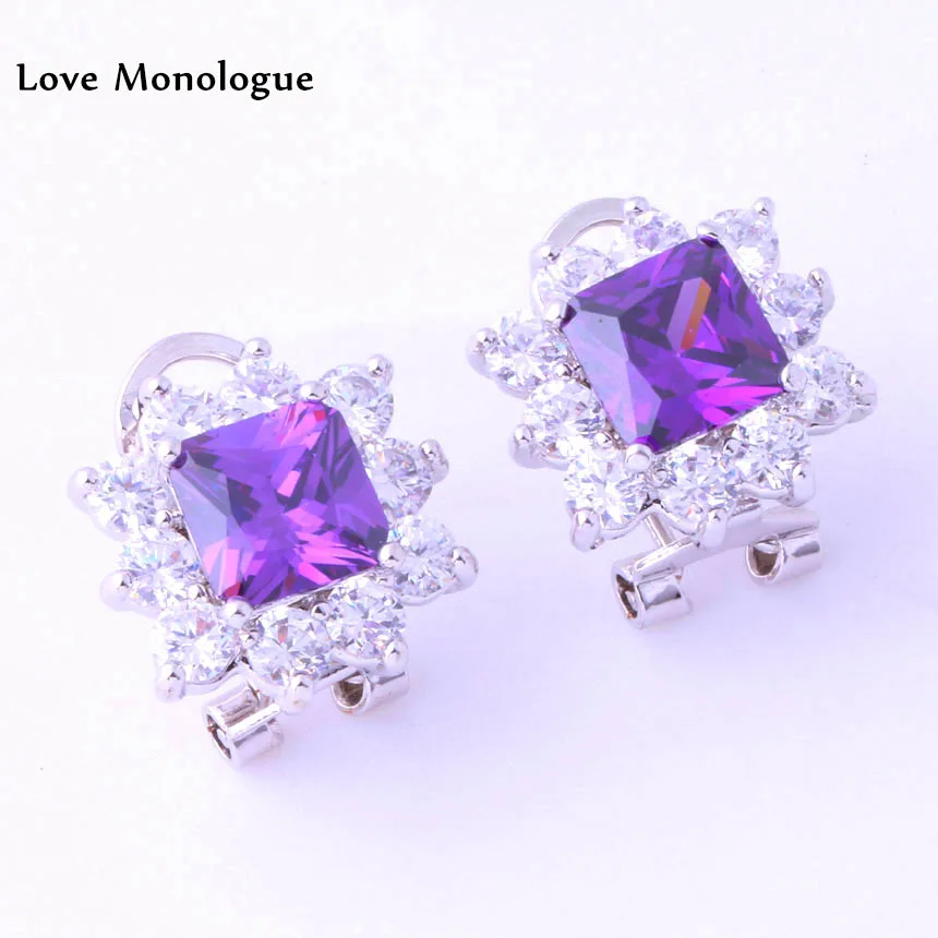 

Love Monologue Lovely Square Purple Crystal & White Cubic Zirconia Silver Color Womens Clip Earrings Party Jewelry J0130