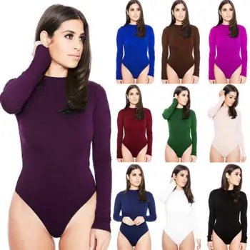 

Women Long Sleeve Shirt Jumpsuit Bodysuit Stretch Solid Round Neck Tops Spring