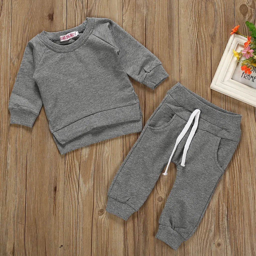 Children Clothing Sets Toddler Kids Baby Boys Girls Solid Tops Pants Homewear Casual Soft Kids Autumn Winter Outfits Sets C50