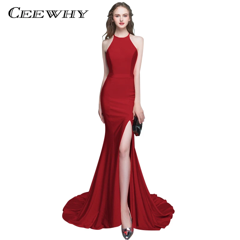 

CEEWHY Robe De Soiree Burgundy Mermaid Evening Dress Halter Elegant Vestido De Festa Long Prom Gown Evening Party Dresses
