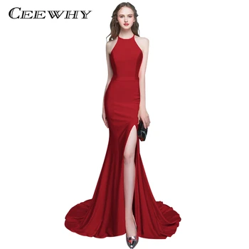 

CEEWHY Robe De Soiree Burgundy Mermaid Evening Dress Halter Elegant Vestido De Festa Long Prom Gown Evening Party Dresses
