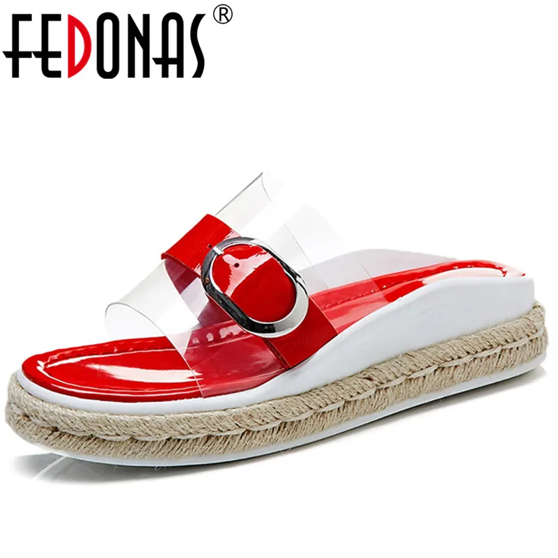 

FEDONAS New Arrival Genuine Leather+PVC Shoes Woman Fashion Party Buckles Summer Sandals Sexy Comdort Slippers Female Shoes