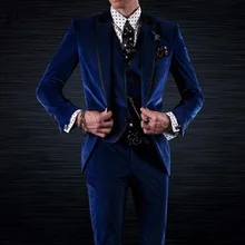 Royal Blue Velvet Groom Tuxedos for Wedding Wear Three Piece Jacket Pants Vest Black Peaked Lapel Custom Made Party Men Suits Royal Blue Velvet Groom Tuxedos for Wedding Wear Three Piece Jacket Pants Vest Black Peaked Lapel Custom Made Party Men Suits