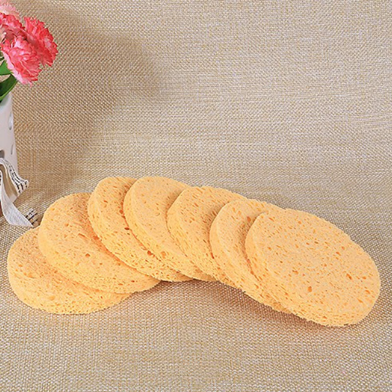 10 PCs Natural Wood Fiber Round Yellow 8cm Dia Face Wash Cleansing Sponge Makeup Tools Accessories 2