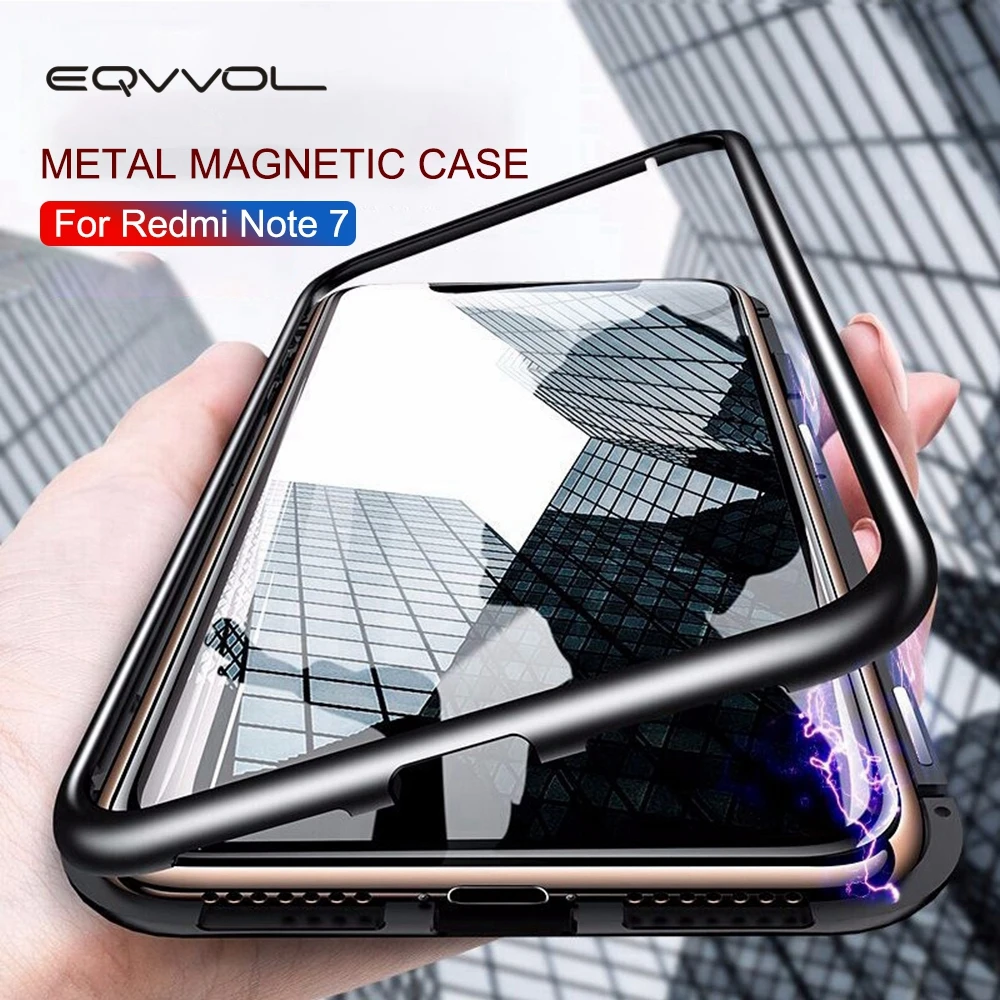 

Eqvvol Magnetic Adsorption Metal Case For Xiaomi Redmi Note 5 6 7 K20 Tempered Glass Back Magnet Cover For Xiaomi Mi 8 9 SE Case
